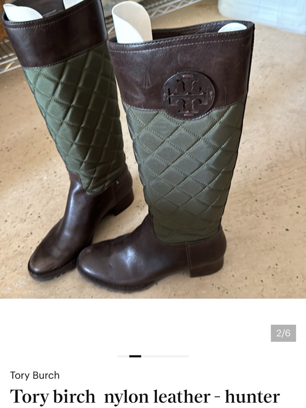 Tory Burch Olive Quilted Nylon and Brown Leather Over-the-Knee Boots - Picture 2 of 6